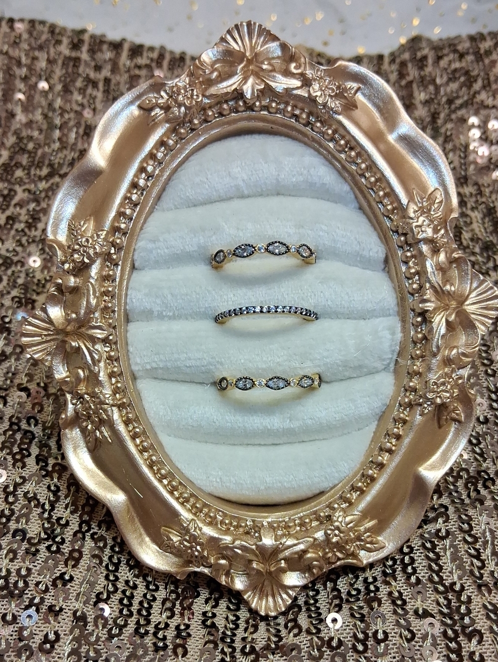 3 Piece Eternity Stack Ring Set. Sterling Silver, 14kt Matte gold, black Rhodium